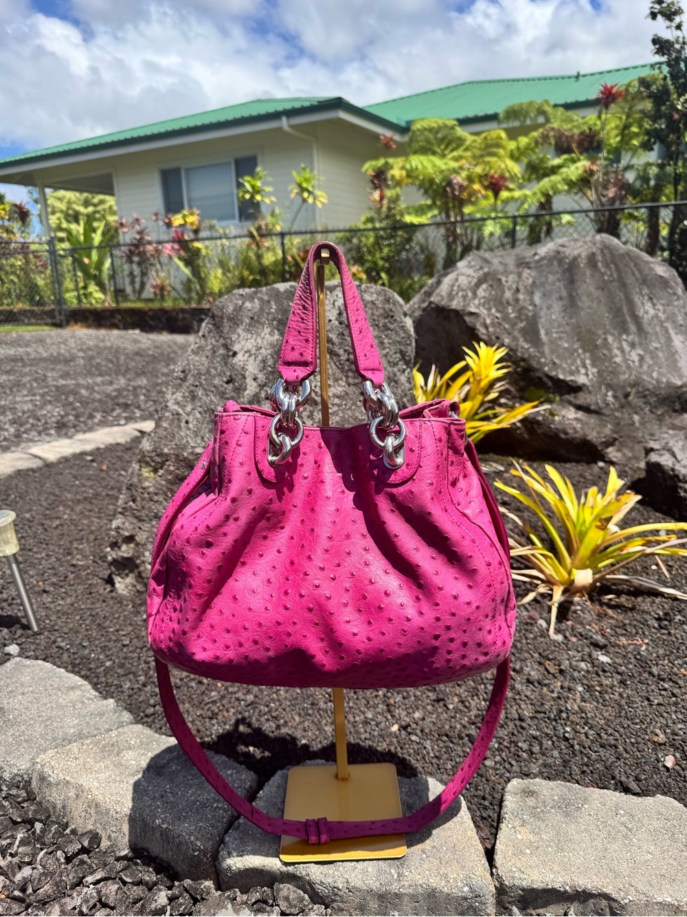 Furla 81888 Ostrich-Embossed Leather Satchel Crossbody Bag Fuchsia Made in Italy